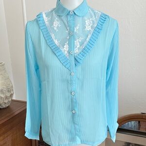 Chic Vintage Light Blue Lace Accent Blouse